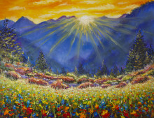 Original Oil Painting Of Sunrise Over A Flower Meadow In The Mountains On Canvas. Modern Impressionism Art. Artwork.