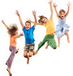 group of happy barefeet cheerful sportive children jumping and dancing