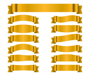 Wall Mural - Ribbon gold banners set. Sign golden satin blank for promotion, web, advertising text. Collection shiny scrolls design decoration elements. Symbol vintage label, isolated on white. Vector illustration
