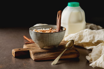 Wall Mural - Traditional rice pudding with cinnamon. Dark background. Tasty a