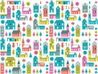 Seamless vector pattern with different buildings and trees. Repeated city texture. Retro urban background with houses, stores and churches.