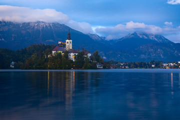 Church of Bled by night in Slovenia, Europe