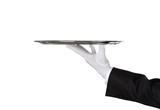 Fototapeta Panele - Waiter holding empty silver tray isolated on white background
