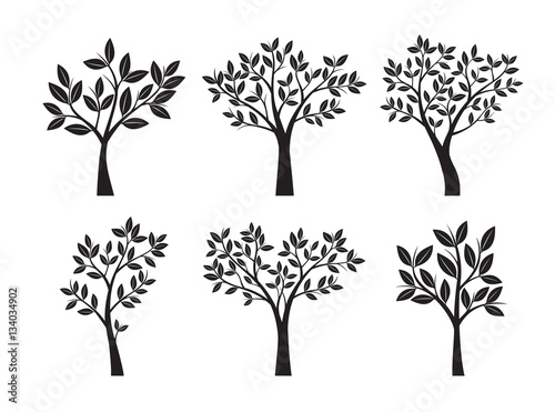 Set of Black Trees and Leafs. Vector Illustration. Stock Vector | Adobe