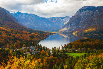 Canvas Print - Aerial view of Bohinj lake in Julian Alps, Slovenia