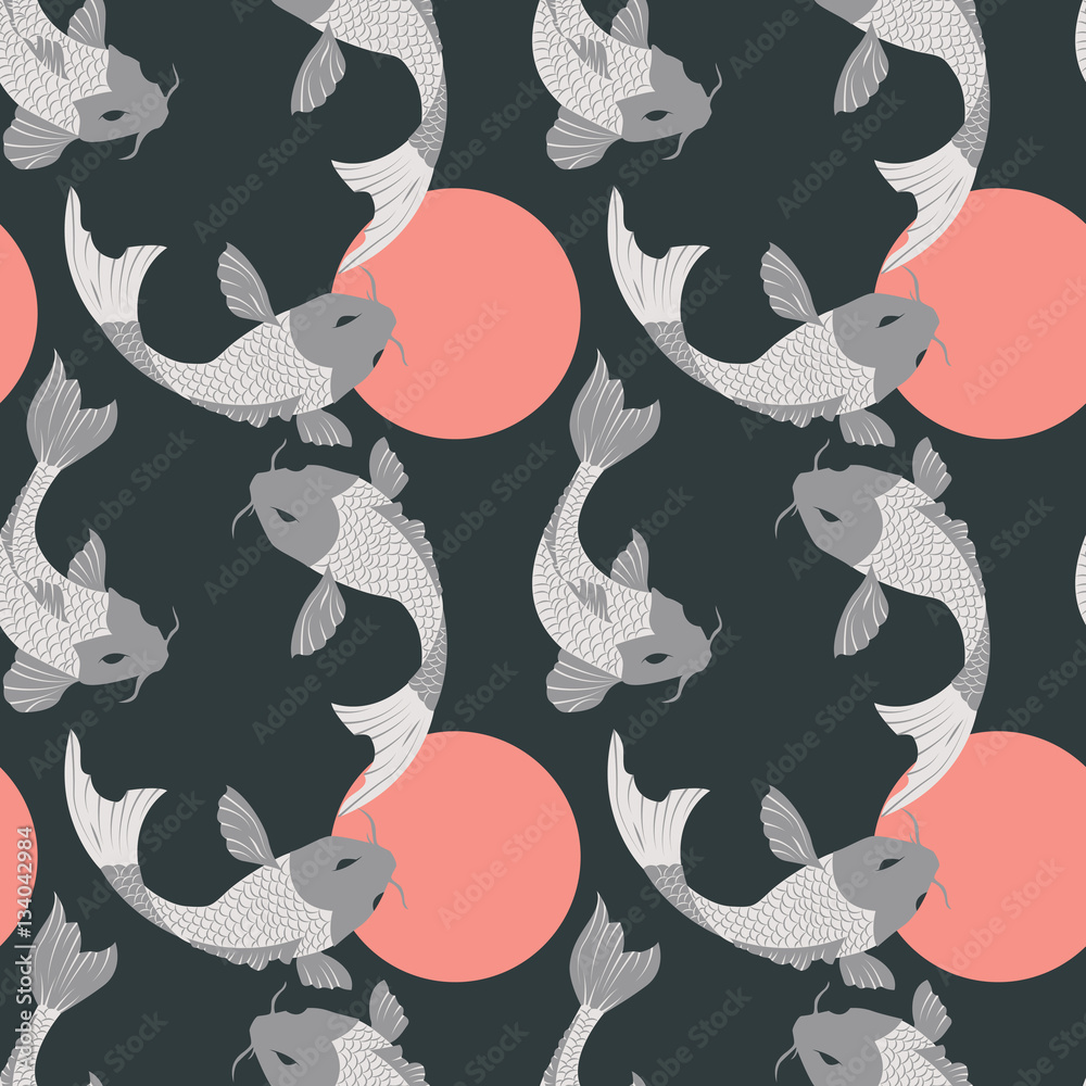 Papel de parede Seamless pattern with carp koi fish and sun, traditional japanese art, vector il