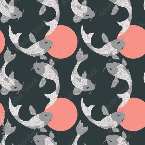 Fotografía Seamless pattern with carp koi fish and sun, traditional japanese art, vector il
