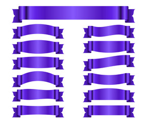 Wall Mural - Ribbon purple banners set. Sign violet satin blank for promotion, web, advertising text. Shiny scrolls design decoration elements. Symbol vintage label, isolated on white. Vector illustration