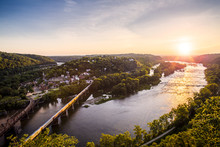The Sun Sets Over The Potomac River And Harpers Ferry, West Virginia.