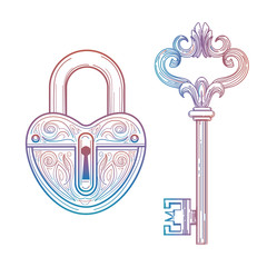 Canvas Print - hand drawn vintage style key and heart lock vector icons. colorful love elements isolated on white
