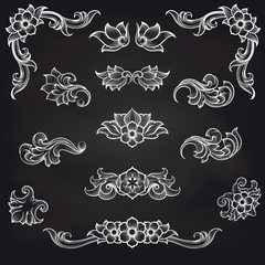 Canvas Print - baroque engraving leaf scroll vector icons. vintage decorative elemens design
