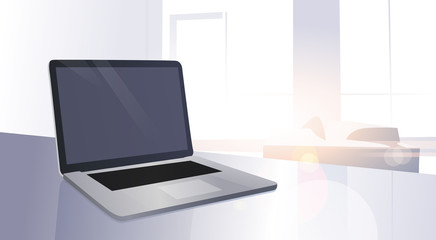 Poster - open digital laptop computer on table modern apartment window sun shine flat vector illustration