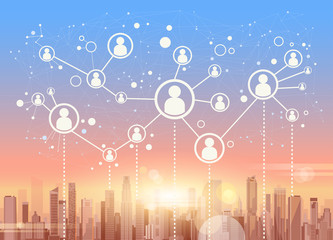 Poster - Social Media Communication Internet Network Connection City Skyscraper View Cityscape Background Vector Illustration
