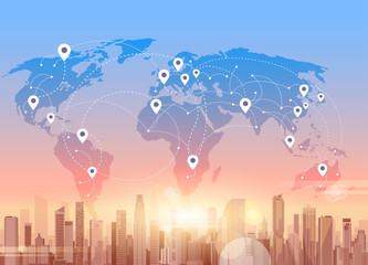 Poster - Social Media Communication Internet Network Connection City Skyscraper View World Map Background Vector Illustration