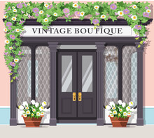 Graphic Vintage Boutique. Detailed Stylish Shop. Storefront. Flat Style Vector Illustration.