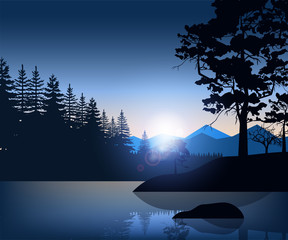 Nature backdrop of mountains and lake landscape with silhouette trees