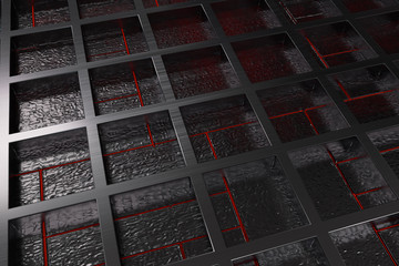 Futuristic technological or industrial background made from brushed metal grate with glowing lines and elements