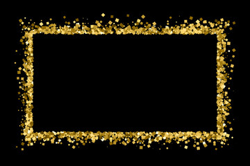 Gold frame glitter texture isolated on black. Golden color of winners. Gilded abstract particles. Explosion of confetti shine. Celebratory background. Vector illustration,eps 10.