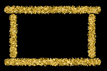 Gold frame glitter texture isolated on black. Golden color of winners. Gilded abstract particles. Explosion of confetti shine. Celebratory background. Vector illustration,eps 10.