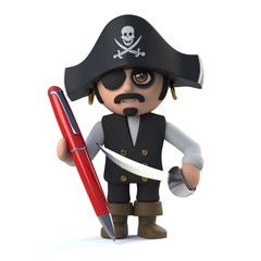 3d Cute cartoon pirate captain character signs with a red pen