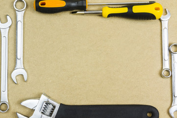 Arrangement of carpentry and set of hand tools. Frame composition with copy space top view.