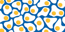 Many Fried Eggs On A Blue Background, The Food In The Flat Style, Abstract Vector Design Pattern