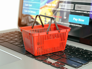 Aufkleber - Online shopping e-commerce concept. Shopping basket on laptop ke