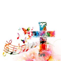 colorful christian cross with music staff and notes isolated vector illustration. religion themed ba