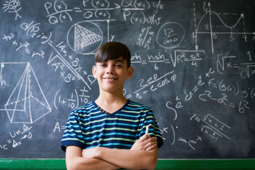 Wall Mural - Confident Latino Boy Smiling At Camera During Math Lesson