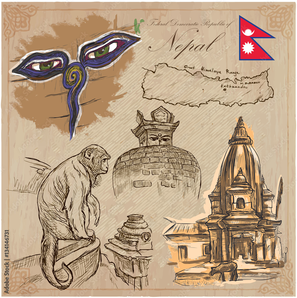 Nepal - Pictures of life. Travel pack. Vector collection. Hand drawings ...