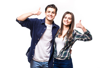 Beautiful couple with okay sign on white background