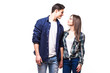 © F8  \ Suport Ukraine - Young couple in love look each other on white.