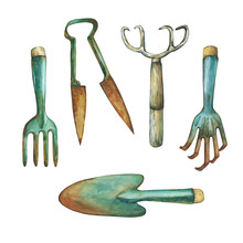 Trowel , Shears, Hayfork And Other Paraphernalia Necessary For Garden Improvements. Hand Drawn Watercolor Painting On White Background.