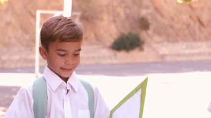 Wall Mural - Attentive schoolboy reading book