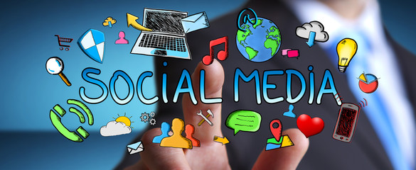 Poster - Businessman touching hand drawn social media presentation