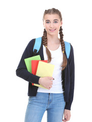 Wall Mural - Pretty teenager girl with books on white background