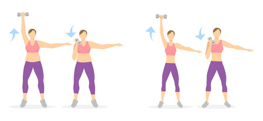 Wall Mural - Arms exercise for women on white background. Workout for arms and hands with dumbbels. From fat to skinny.