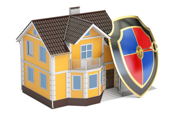 Poster - House security and protection concept, home with shield. 3D rend