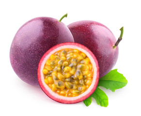 Poster - Isolated maracuya. Two whole passion fruits and a half isolated on white background with clipping path