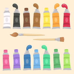 Paint Tubes Set and Brush Vector Illustration Cartoon school Supplies