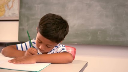 Poster - Attentive schoolboy doing homework in classroom