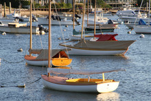 Anchored Small Sail Boats At Rest In Nantucket Harbor, Massachus