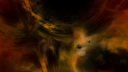 Wall Mural - black hole with gravitational lens effect with nearby nebula, planet and moons (3d illustration)