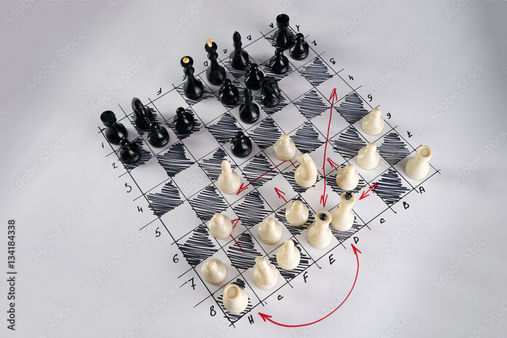 White strategy board with chess figures on it. Plan of battle - obrazy, fototapety, plakaty 