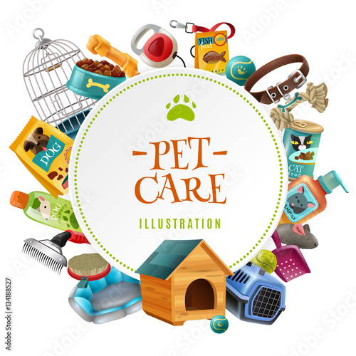 Pet Care Accessories Round Frame Illustration Poster