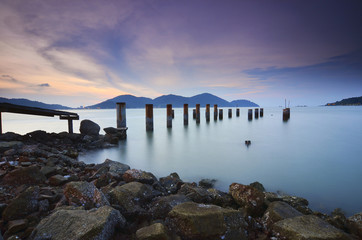 Sticker - Beautiful sunset view with wooden jetty at Marina Island, Lumut