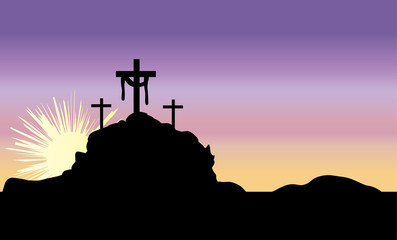 Wall Mural - Easter morning, Calvary hill with silhouettes of the cross, Resurrection background