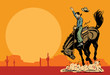 Drawing of a cowboy riding a wild horse at sunset, vector
