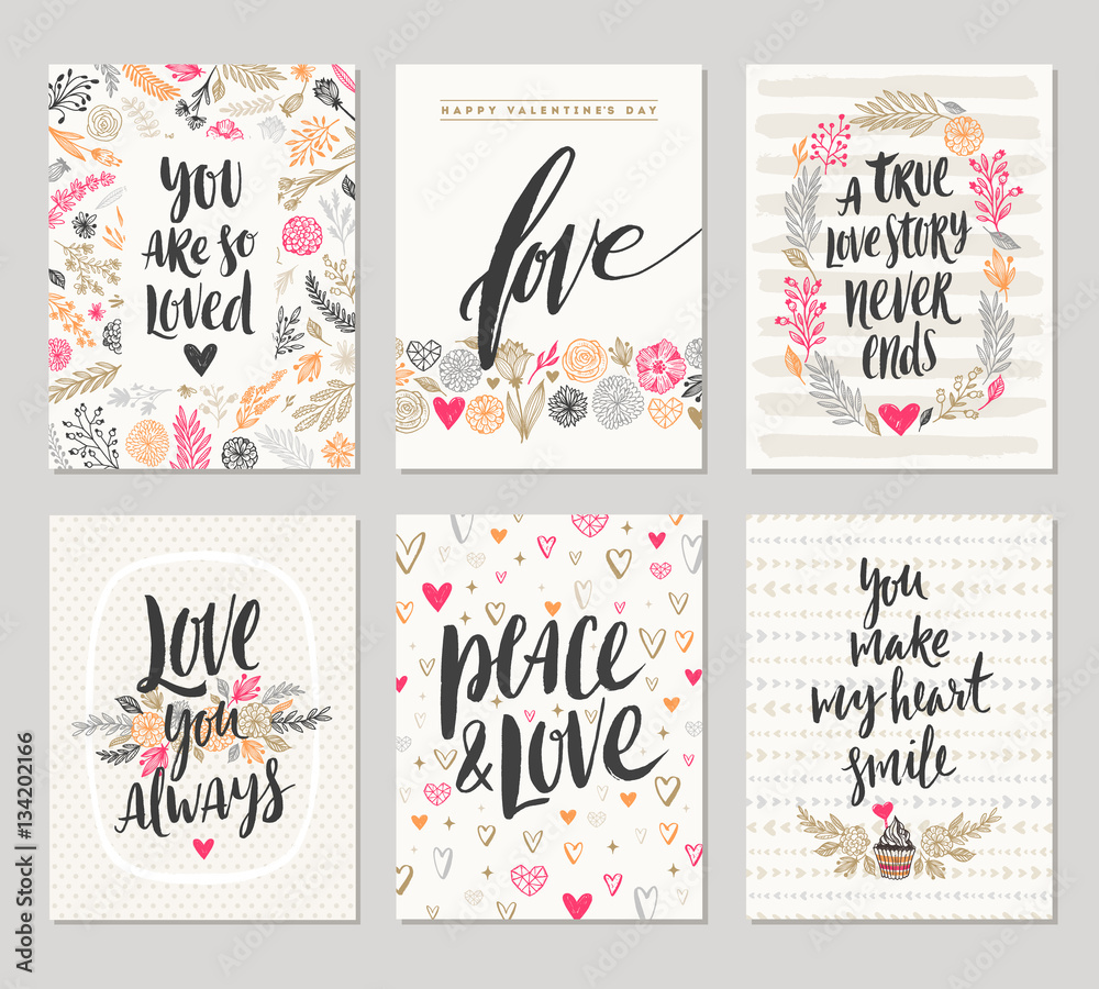 Vector set of Valentine's Day hand drawn posters or greeting card with handwritten calligraphy quotes, phrase and illustrations. - obrazy, fototapety, plakaty 
