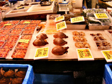 Variety Of Seafood On Japanese Fish Market's Showcase